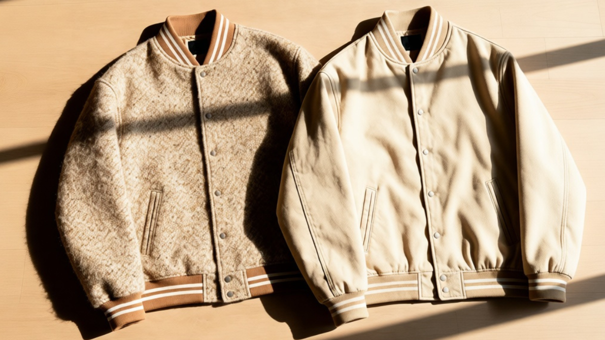 Two beige varsity jackets laid side by side on a wooden floor in sunlight with shadow lines.