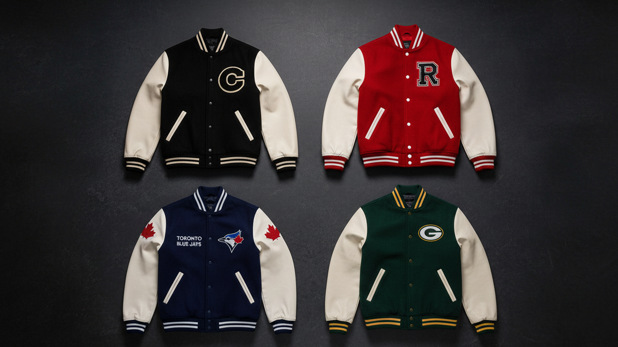 Flat lay of four premium varsity jackets in black, red, navy blue, and forest green with leather sleeves