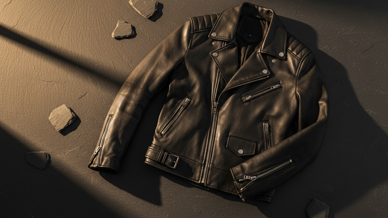 Black genuine leather jacket flat lay on dark slate surface with dramatic golden hour side lighting