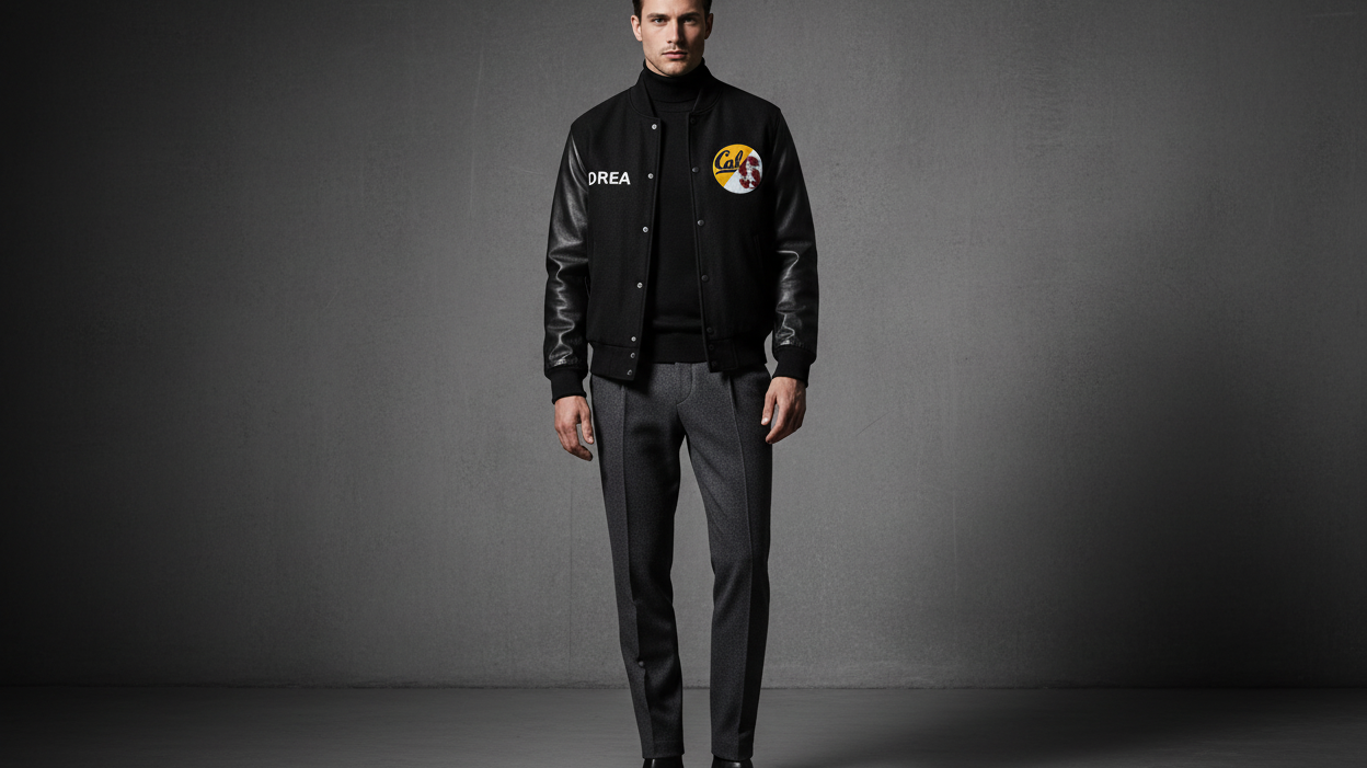 Premium black varsity jacket worn over a black turtleneck with charcoal trousers and Chelsea boots against a dark concrete wall