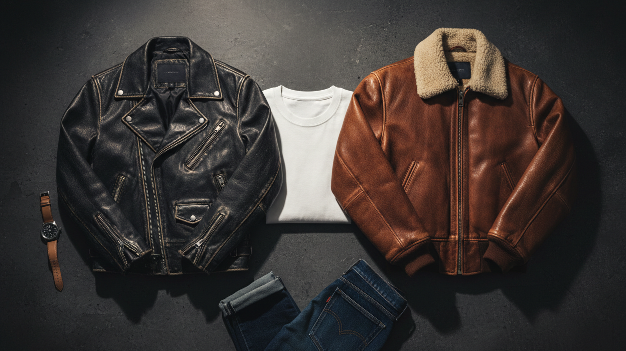 Black and brown leather jackets side by side in a styled flat lay with denim and accessories