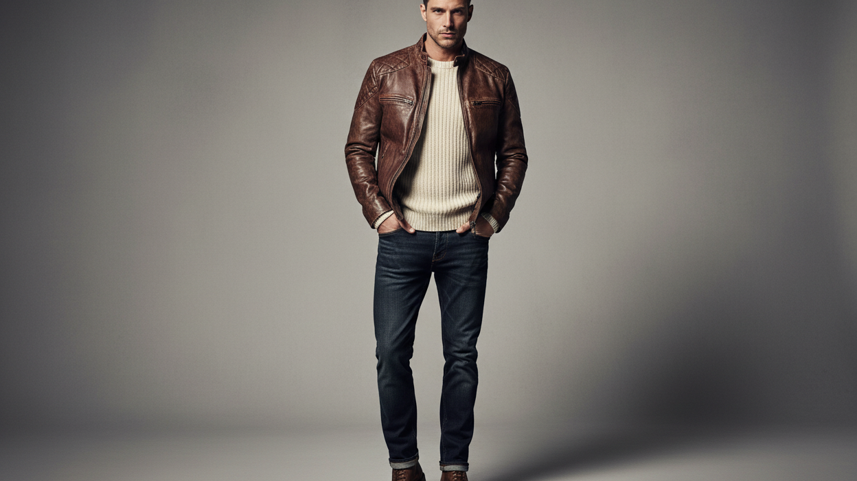 Man in a distressed vintage brown leather jacket layered over a cream knit against a minimal studio backdrop
