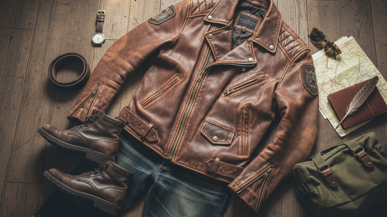 Brown leather biker jacket flat lay with complementary accessories including leather boots and denim