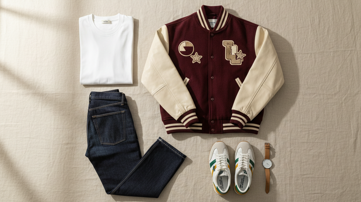 Overhead flat lay of a burgundy varsity jacket with cream contrast sleeves surrounded by a white tee, dark indigo jeans, retro sneakers and a leather watch on a cream linen surface