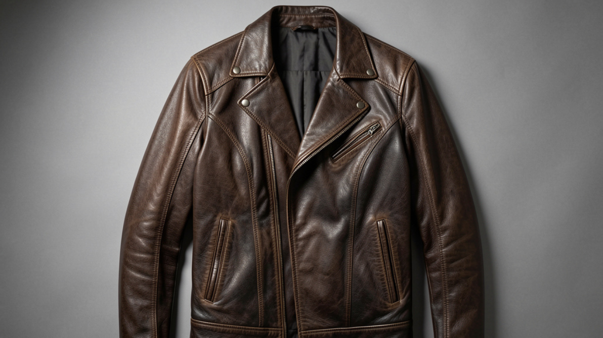Premium custom leather jacket displayed on a clean studio background highlighting craftsmanship, stitching, and leather quality