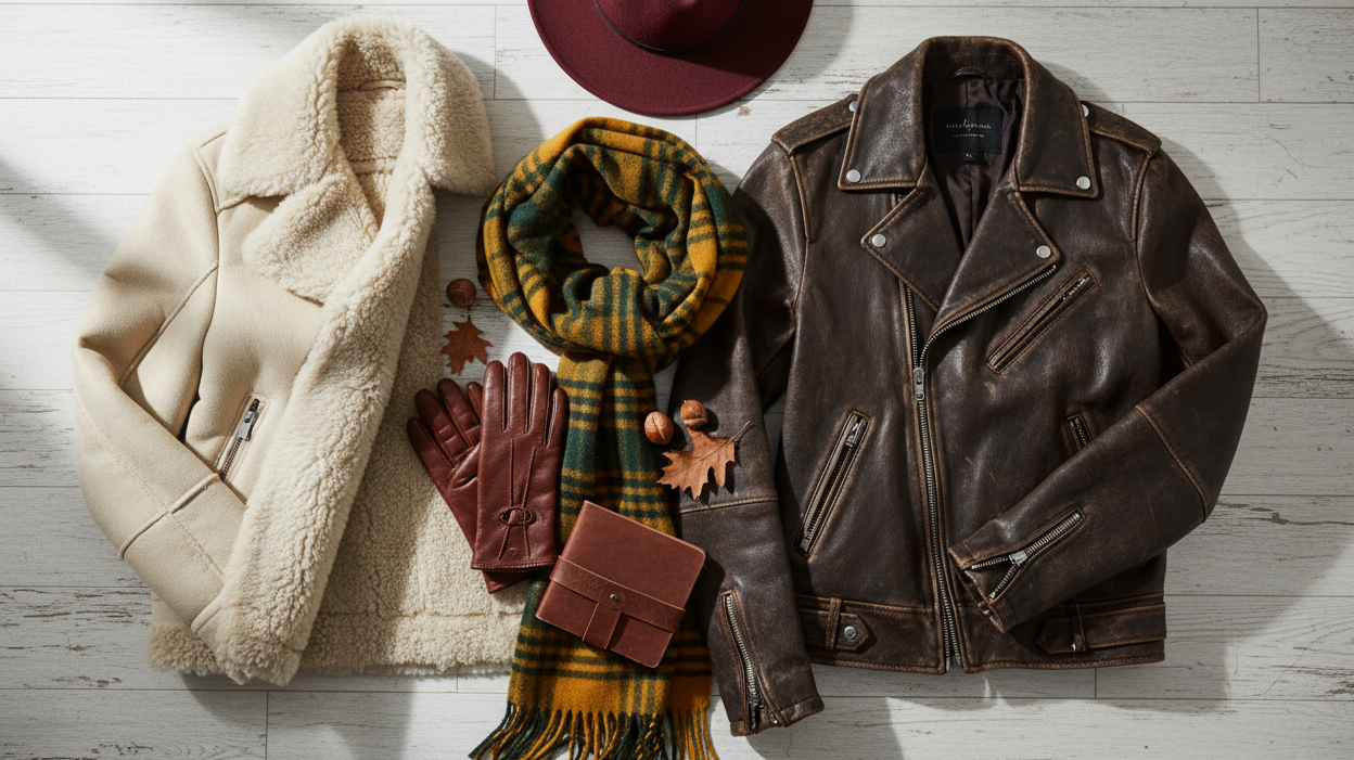 Overhead flat lay of shearling and leather jackets with autumn accessories