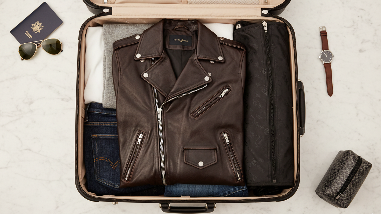 Overhead flat lay of a dark leather jacket neatly folded inside an open suitcase with travel accessories on marble