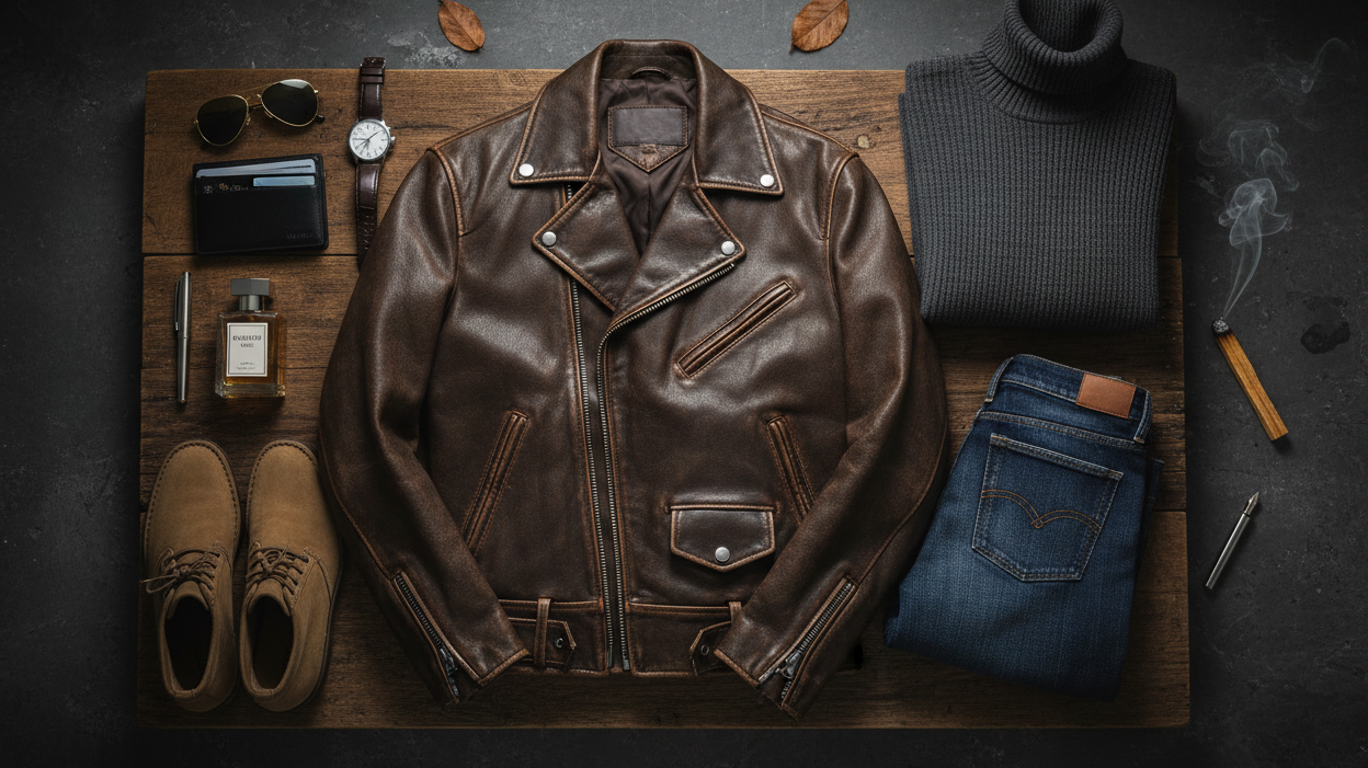 Artistic flat lay of classic leather jacket with premium menswear essentials