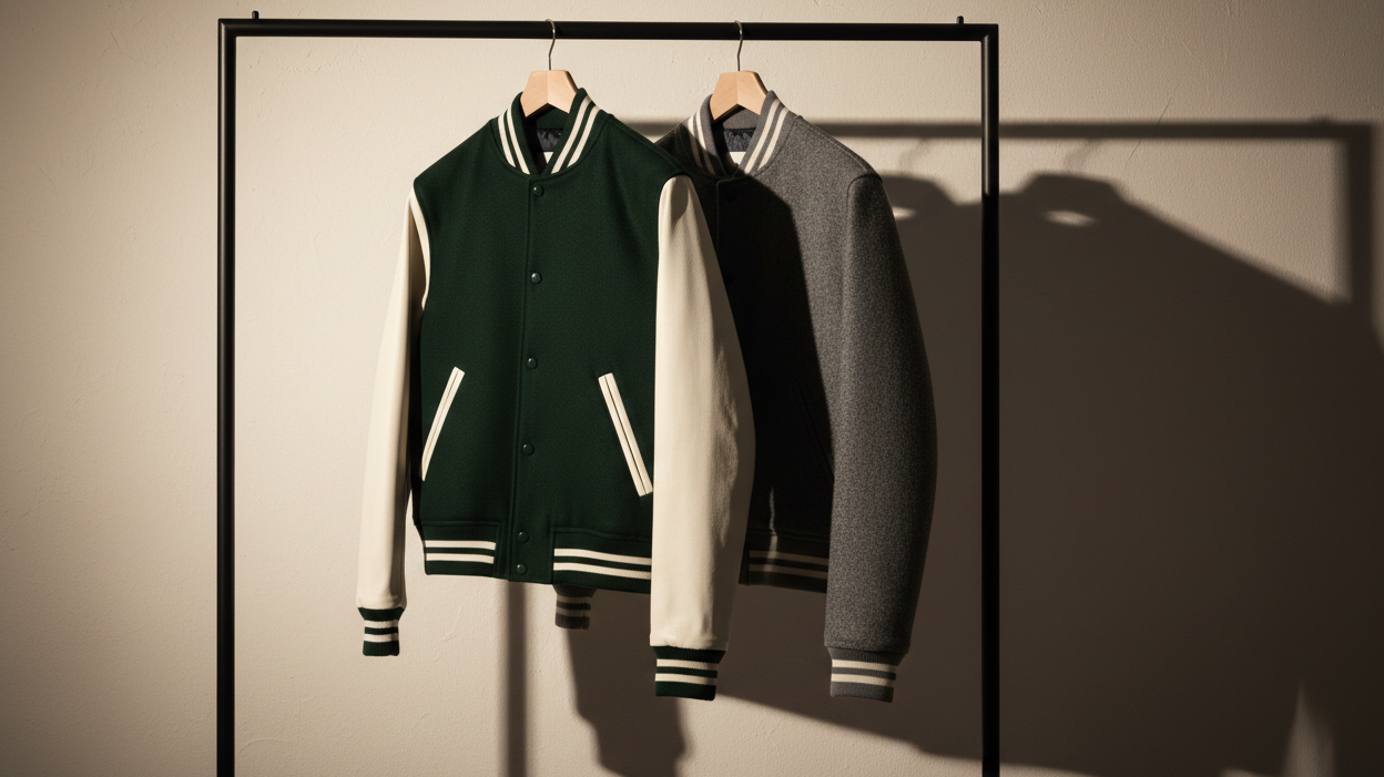 Multiple varsity jackets in black, forest green, and charcoal colorways hanging on a minimal black rack against a warm off-white wall