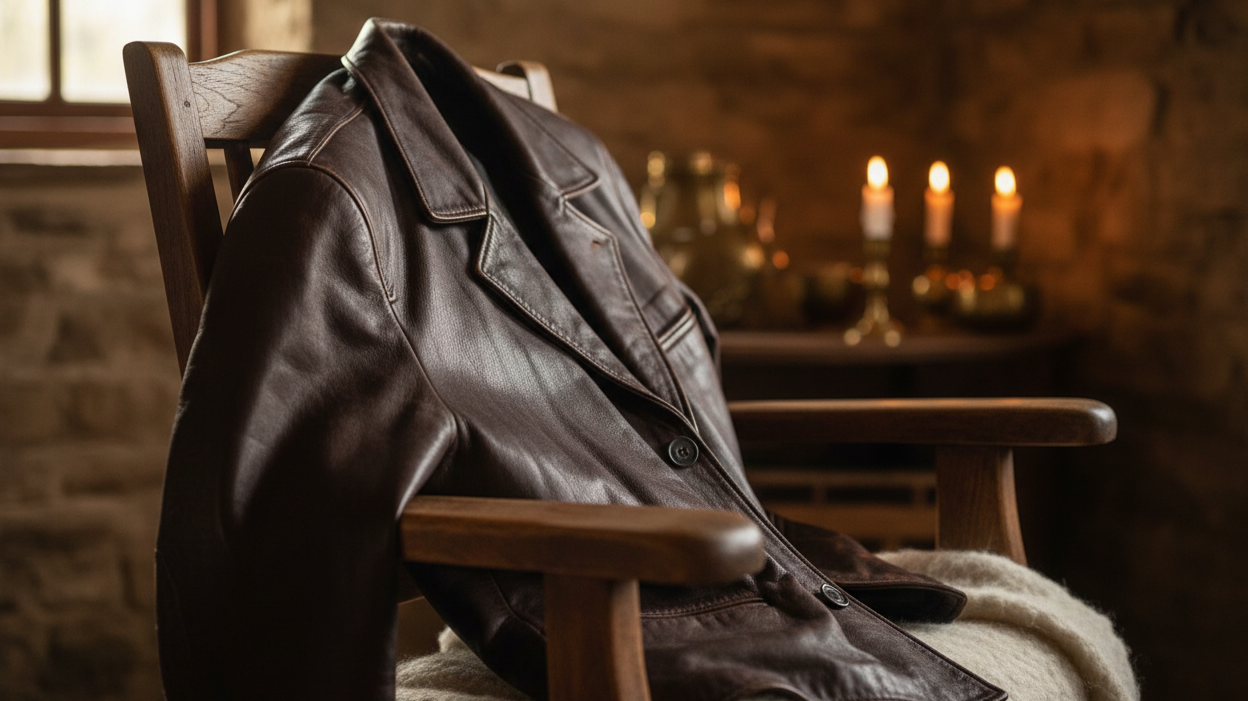 Dark brown leather jacket draped over a wooden chair in a warmly lit rustic interior