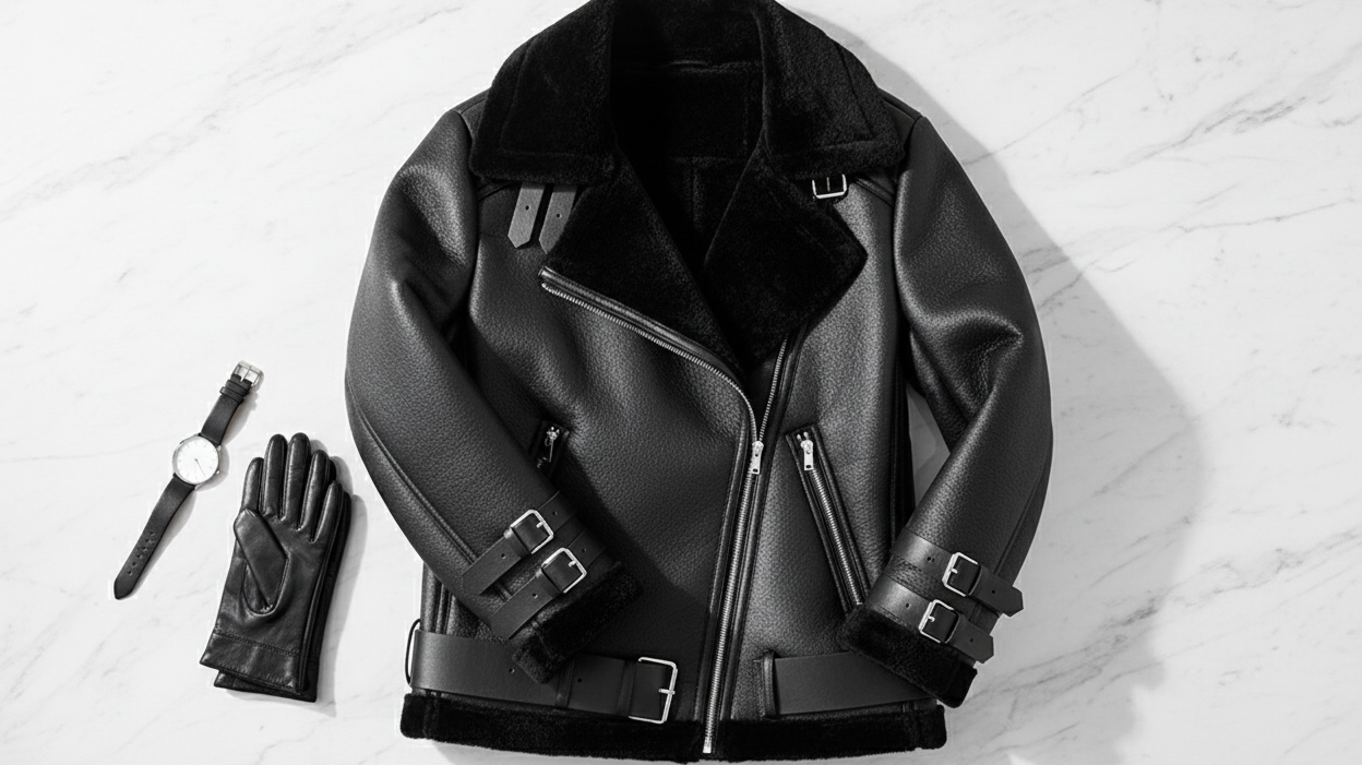 Premium black leather jacket by Leather Nativ styled in a luxury flat lay with accessories