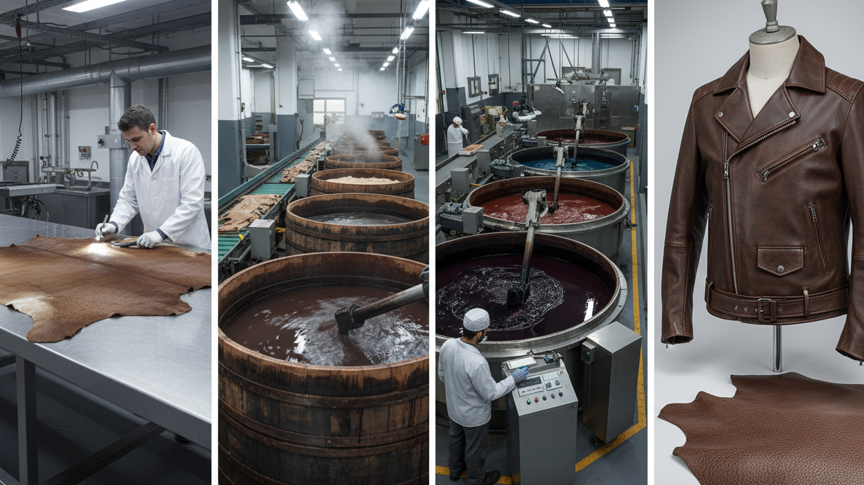 Leather making process from raw hide to finished jacket showing multiple manufacturing stages