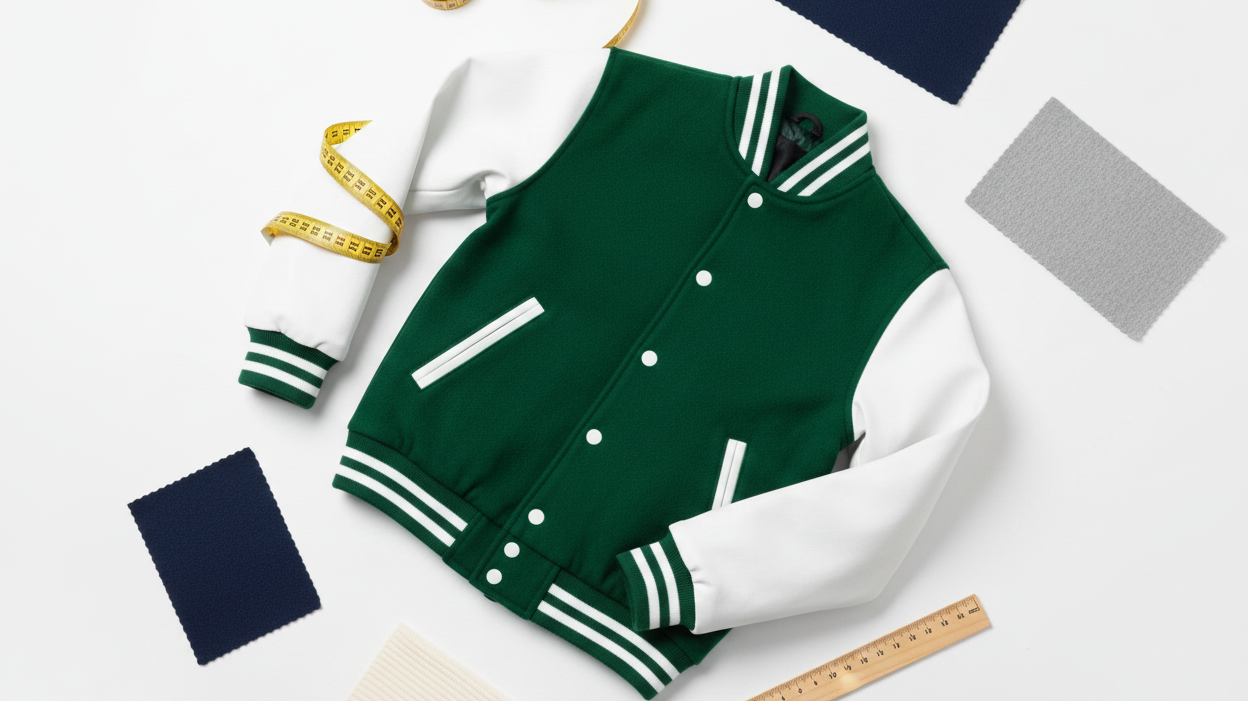 Flat lay of a kids varsity jacket with measuring tape and fabric swatches for sizing guide
