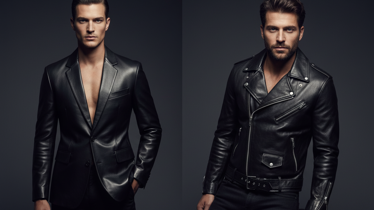 Side by side comparison of a leather blazer and leather jacket from Leather Nativ