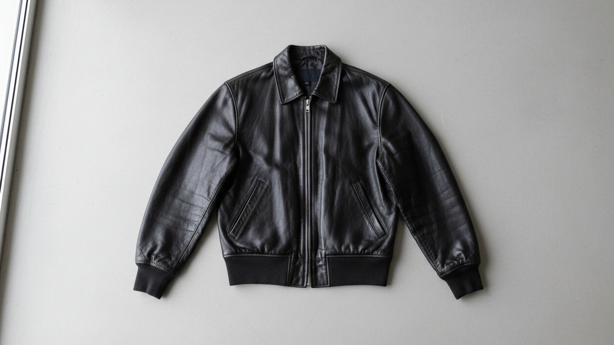Classic black leather bomber jacket laid flat on a neutral surface
