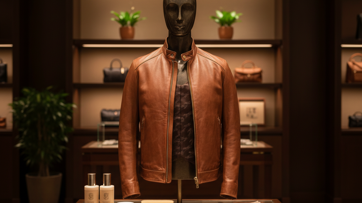Premium brown leather jacket with professional care products showing proper leather outerwear maintenance and care essentials