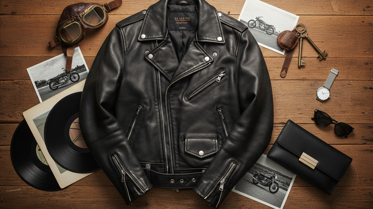 Classic leather jacket surrounded by vintage aviation goggles, motorcycle elements, and fashion accessories representing its cultural journey through history