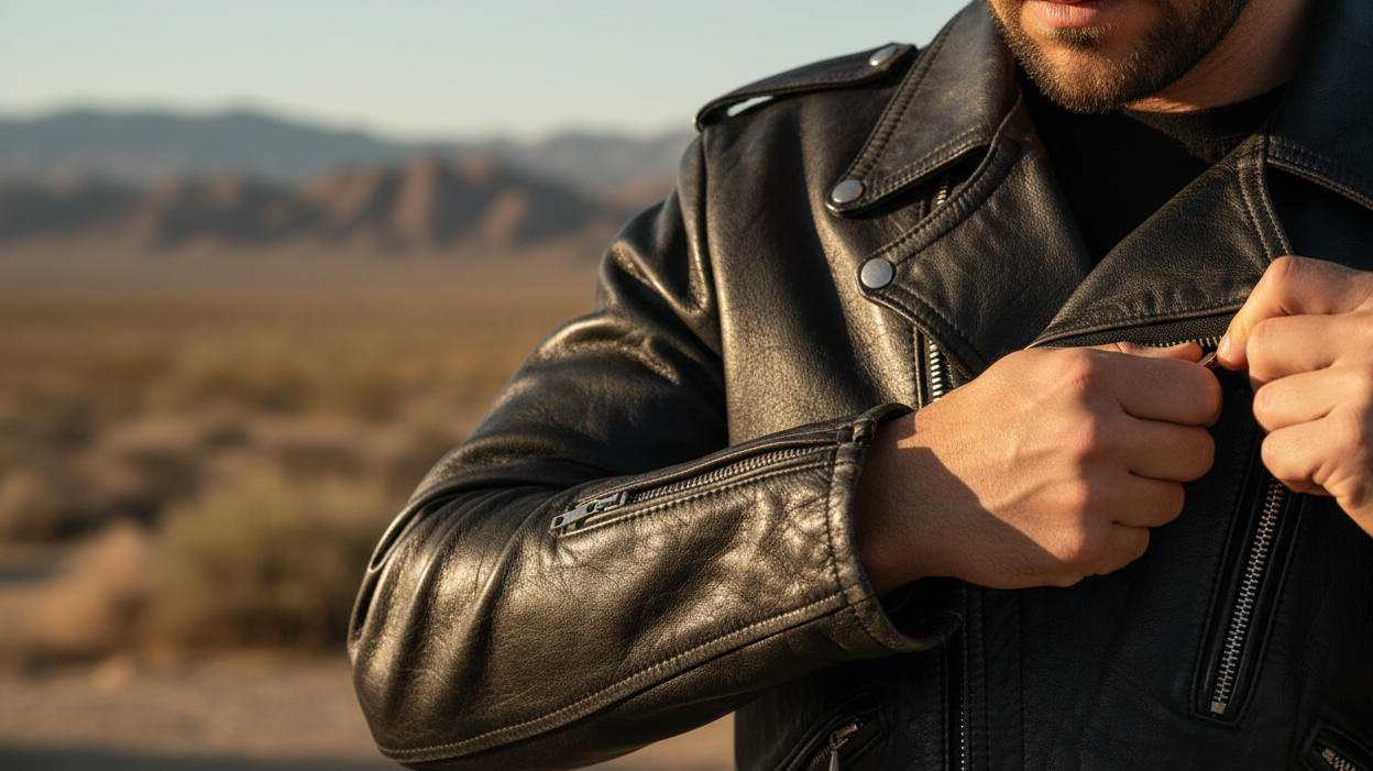 Close-up of a black biker leather jacket showing shoulder seam fit and chest closure detail