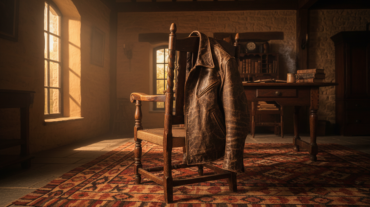 Aged full-grain leather jacket draped over a vintage wooden chair in golden hour light