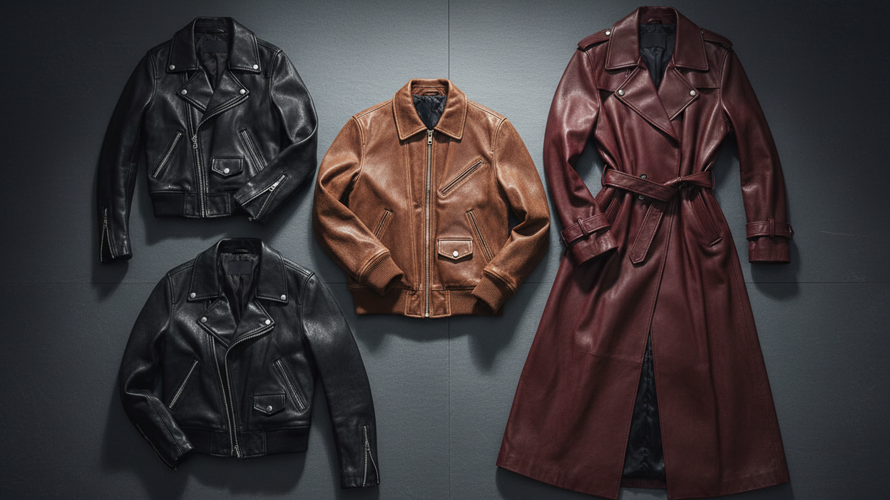 Overhead flat lay of multiple leather jackets in cropped, hip-length, and longline styles arranged on a dark slate surface