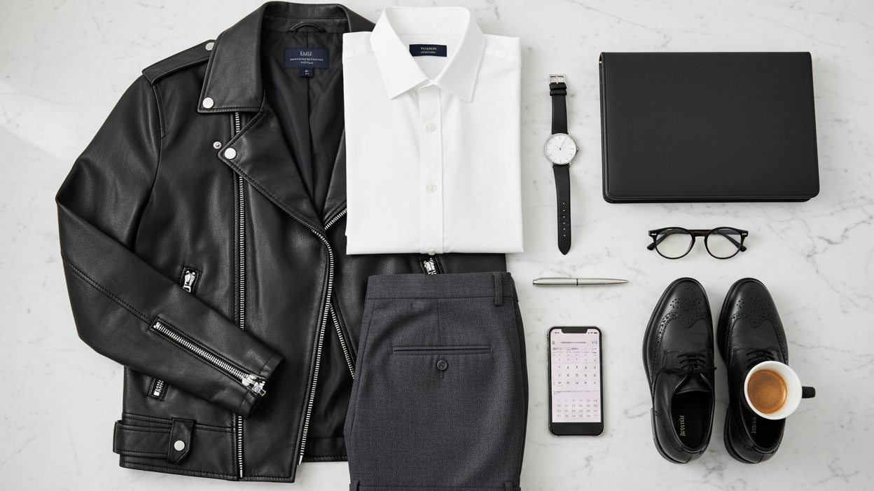 Black leather jacket styled with white dress shirt and grey trousers in elegant flat lay composition