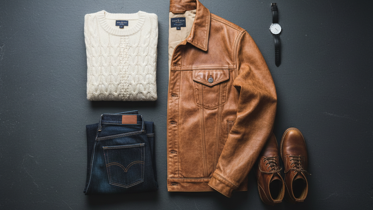 Overhead flat lay of a tan leather trucker jacket styled with a cream sweater, indigo jeans, brown boots, and a silver watch