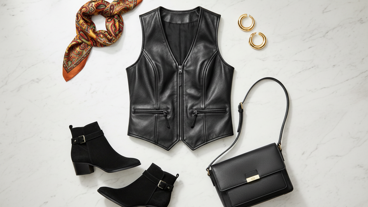 Flat lay of a black leather vest styled with gold earrings, a silk scarf, ankle boots, and a leather bag on a white marble surface