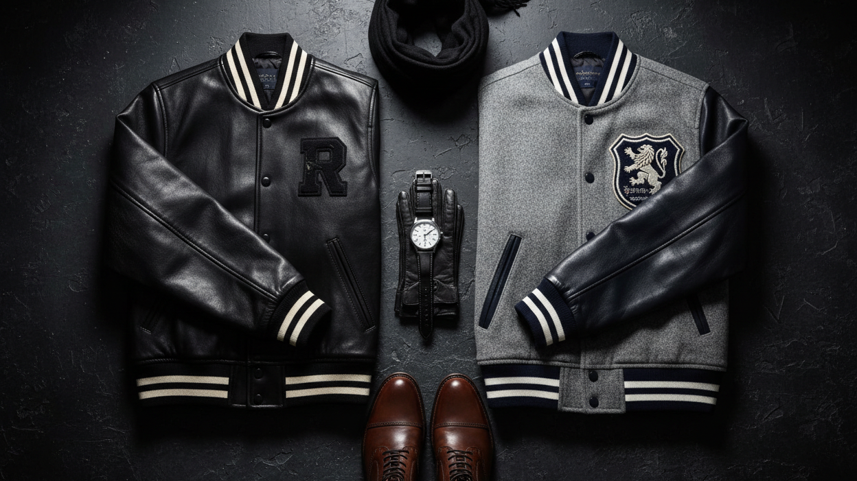 Leather varsity jacket vs wool varsity jacket flat lay comparison – Leather Nativ