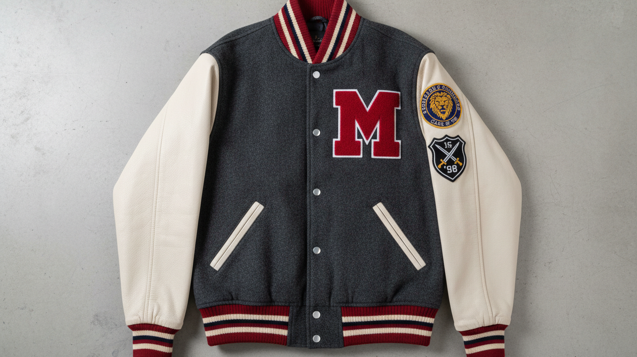 Classic letterman jacket flat lay showing chenille letter, varsity patches, wool body and leather sleeves