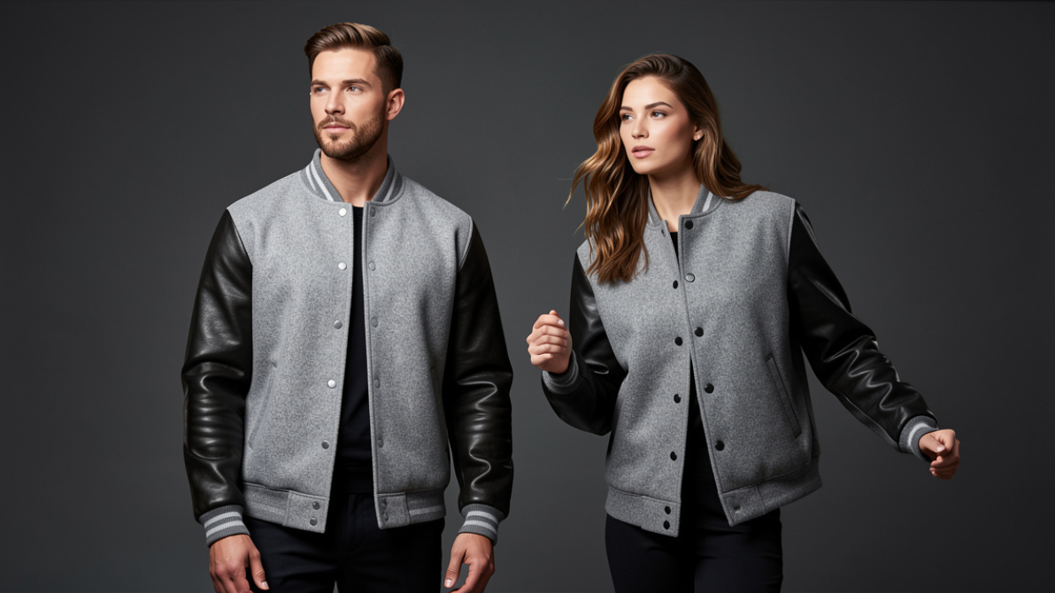 Male and female models wearing gray varsity jackets with black leather sleeves in a studio setting