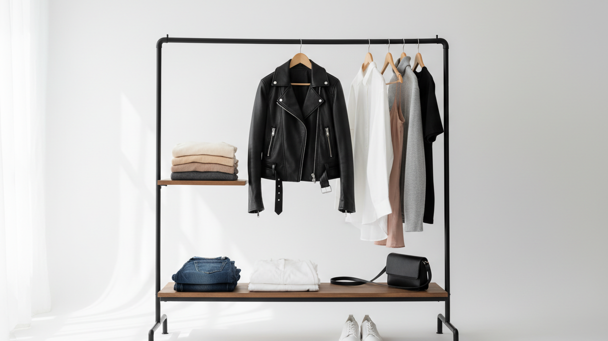Organized minimal capsule wardrobe with black leather jacket as centerpiece among neutral colored basics