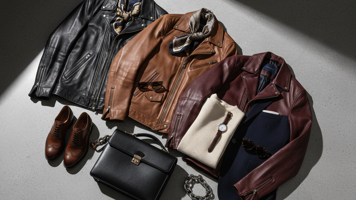 Artistic diagonal composition featuring premium leather jackets in black, brown and oxblood with luxury accessories