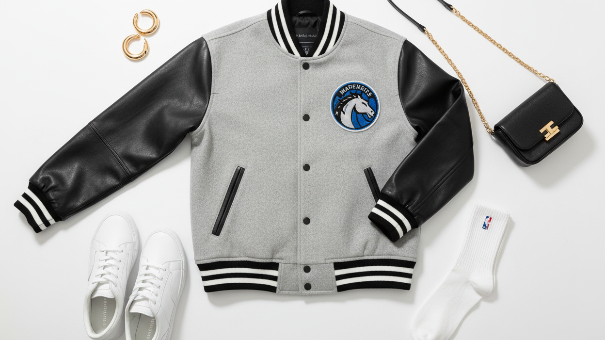 NBA women's varsity jacket flat lay styled with sneakers, gold hoops, and crossbody bag