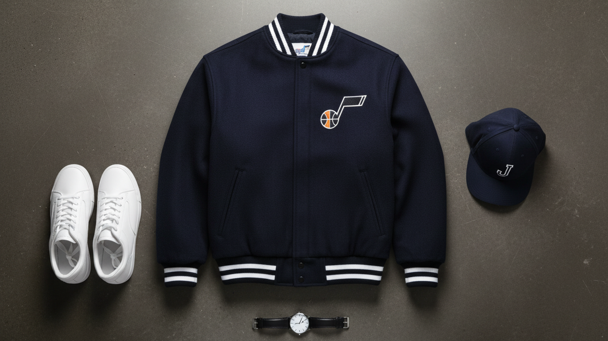 NBA varsity jacket flat lay with sneakers, cap, and watch styled on dark surface