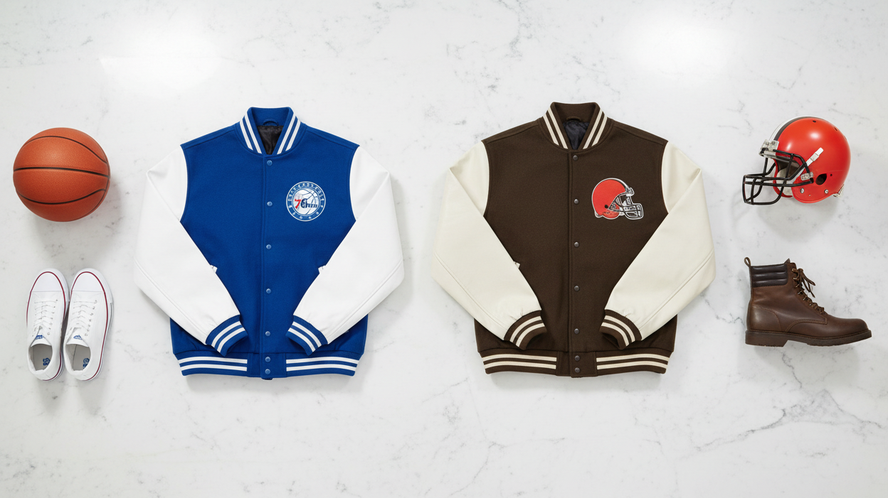 Overhead flat lay of NBA and NFL varsity jackets styled with sneakers, boots, and sport accessories on white marble