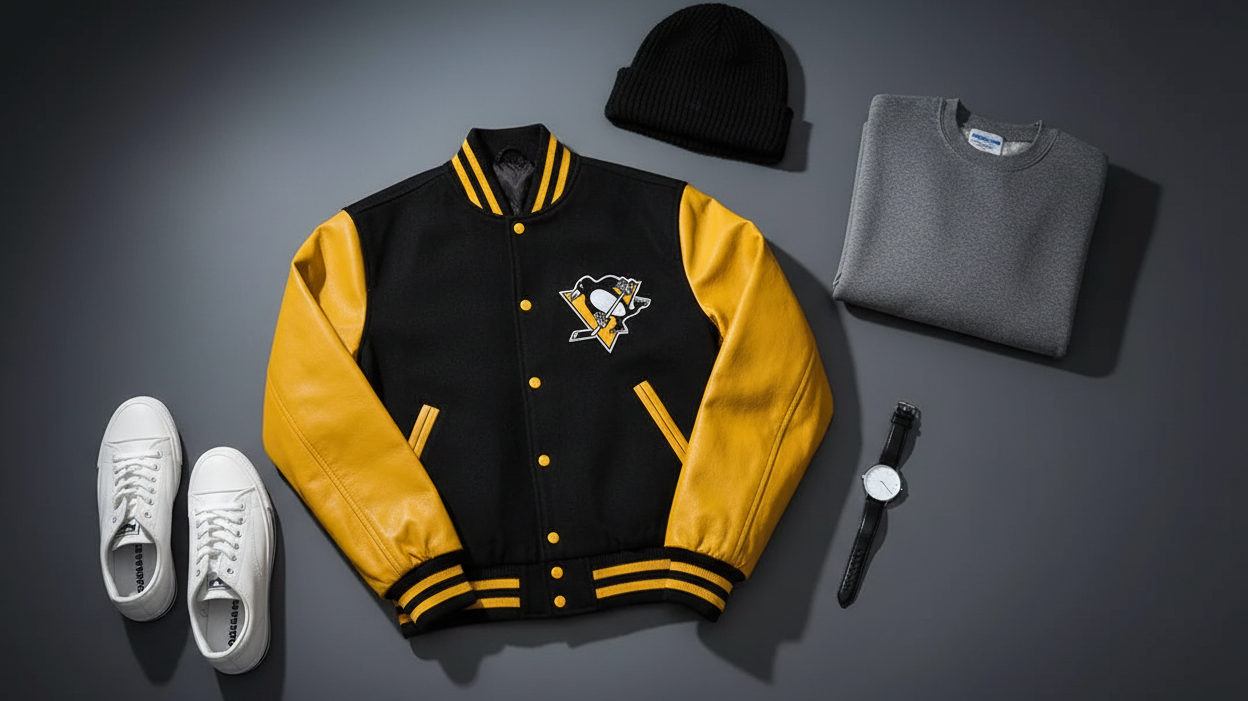 NHL Pittsburgh Penguins varsity jacket flat lay with sneakers, beanie, crewneck and watch showing complete outfit styling