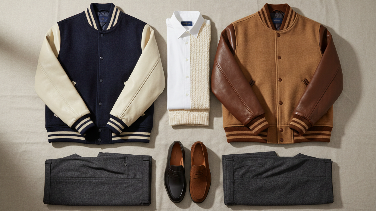 Premium navy and camel wool varsity jackets with leather sleeves styled with old money essentials including tailored trousers oxford shirt cashmere knit and leather shoes
