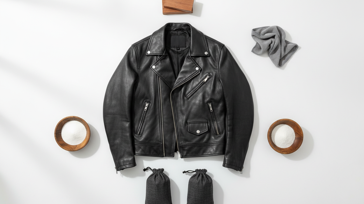 Leather jacket with natural odor removal materials arranged in flat lay composition