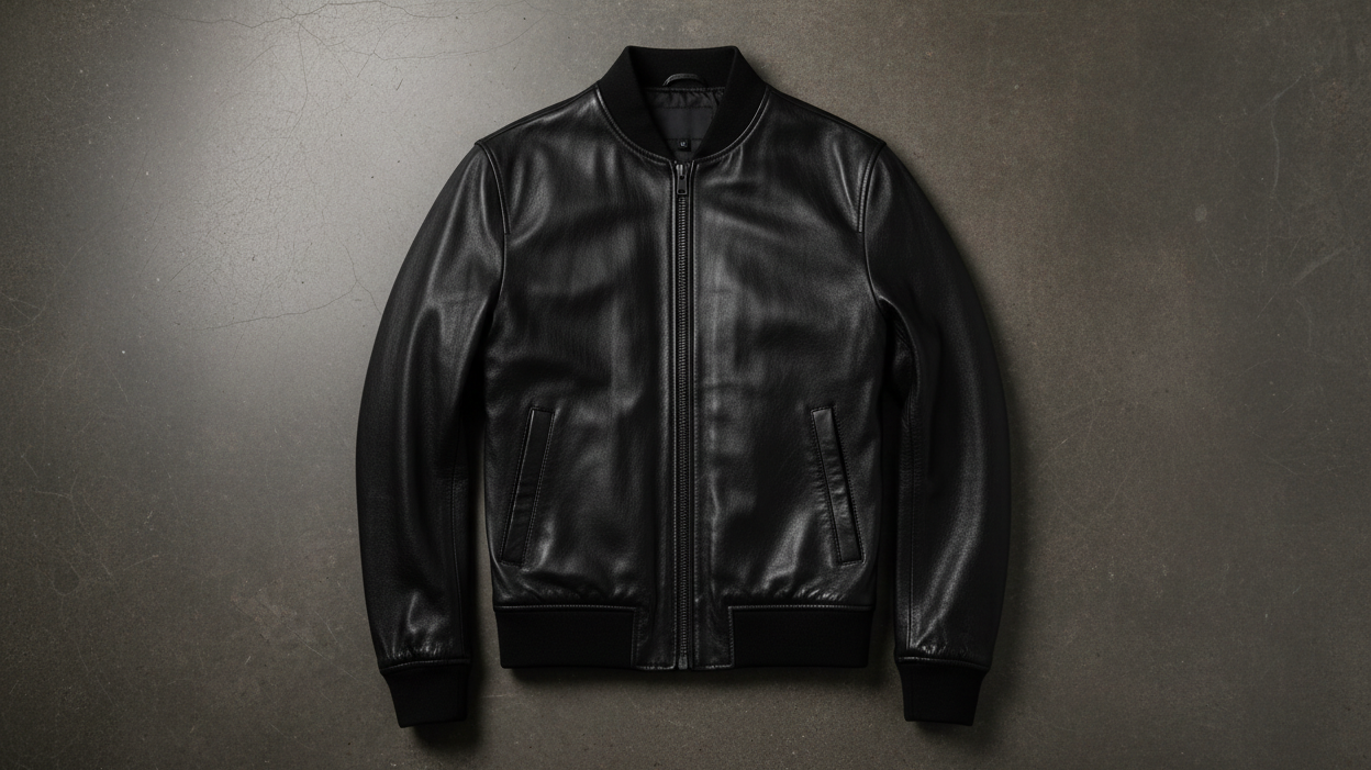 Premium real leather jacket flat lay showing grain texture, metal zippers, and clean stitching