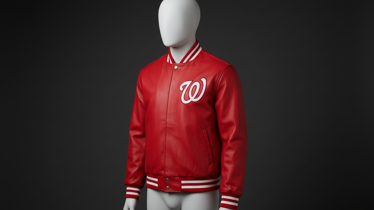 Premium leather varsity jacket showcasing rich cowhide texture, ribbed knit cuffs and classic varsity silhouette