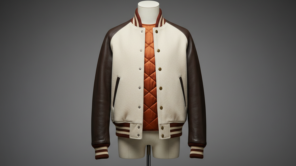 Premium leather varsity jacket showcasing wool body and genuine leather sleeves with luxury craftsmanship