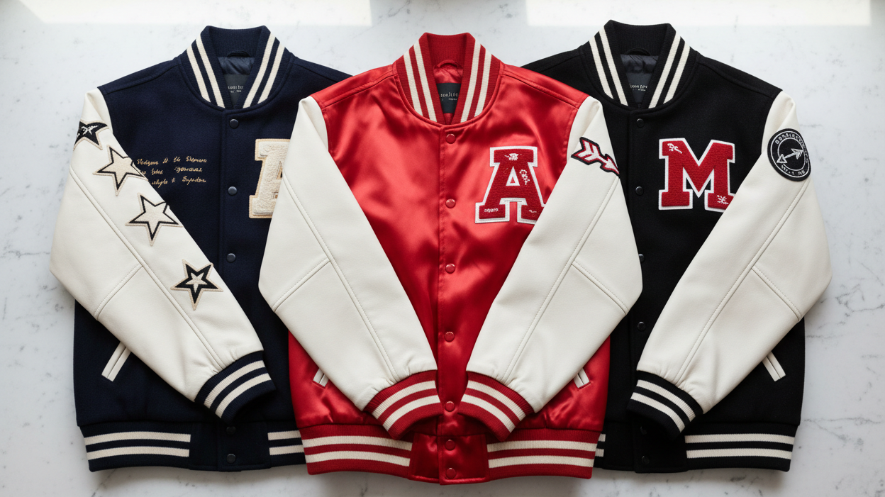 Premium women's varsity jackets in red satin and navy leather sleeve styles arranged on marble surface