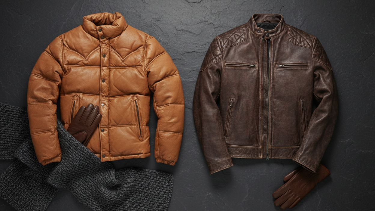 Puffer jacket and leather jacket flat lay comparison with winter accessories — Leather Nativ