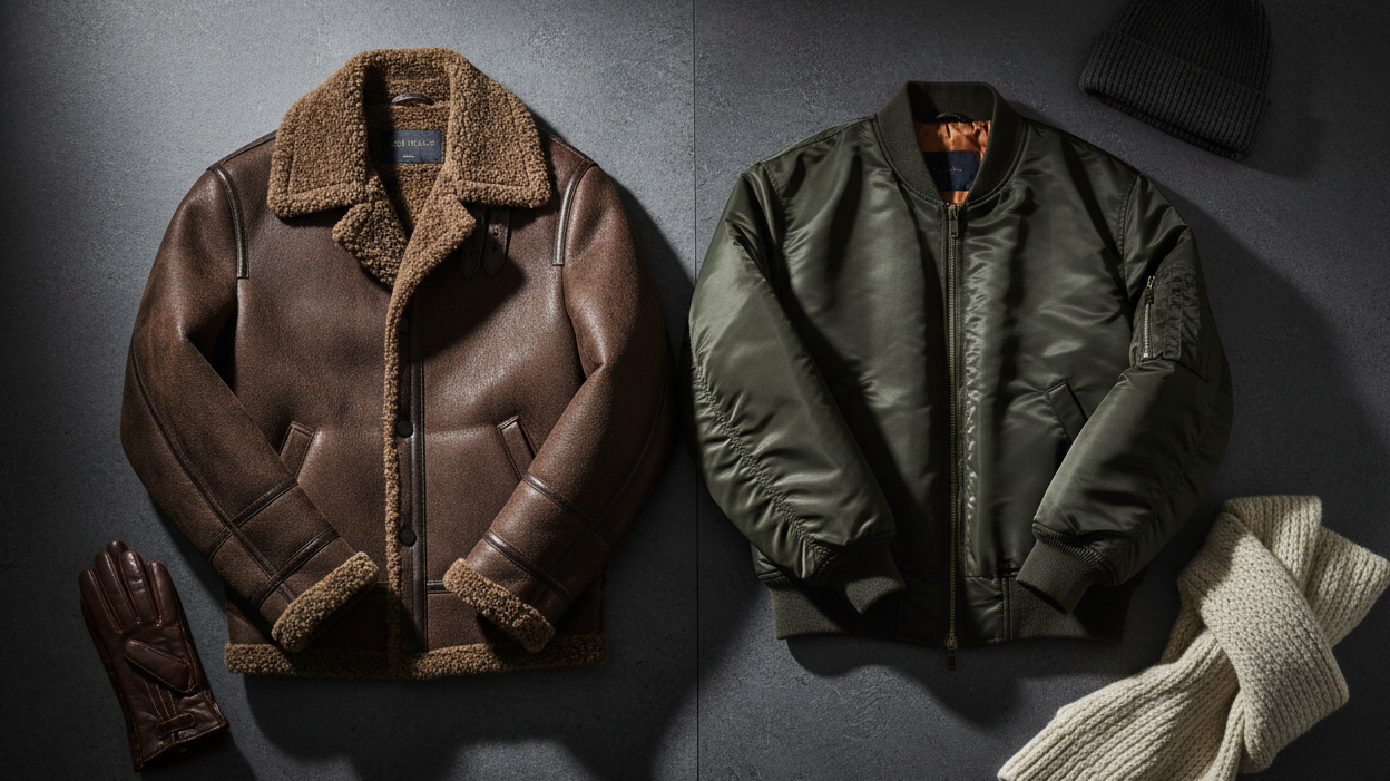 Flat lay of a shearling jacket and bomber jacket on dark slate surrounded by leather gloves, wool scarf, and a beanie