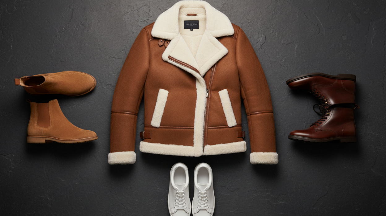 Flat-lay of a brown shearling bomber jacket with suede Chelsea boots, white leather sneakers, and leather lace-up boots