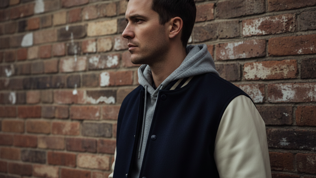 Side profile of a man wearing a varsity jacket with contrast leather sleeves layered over a slim hoodie against a brick wall