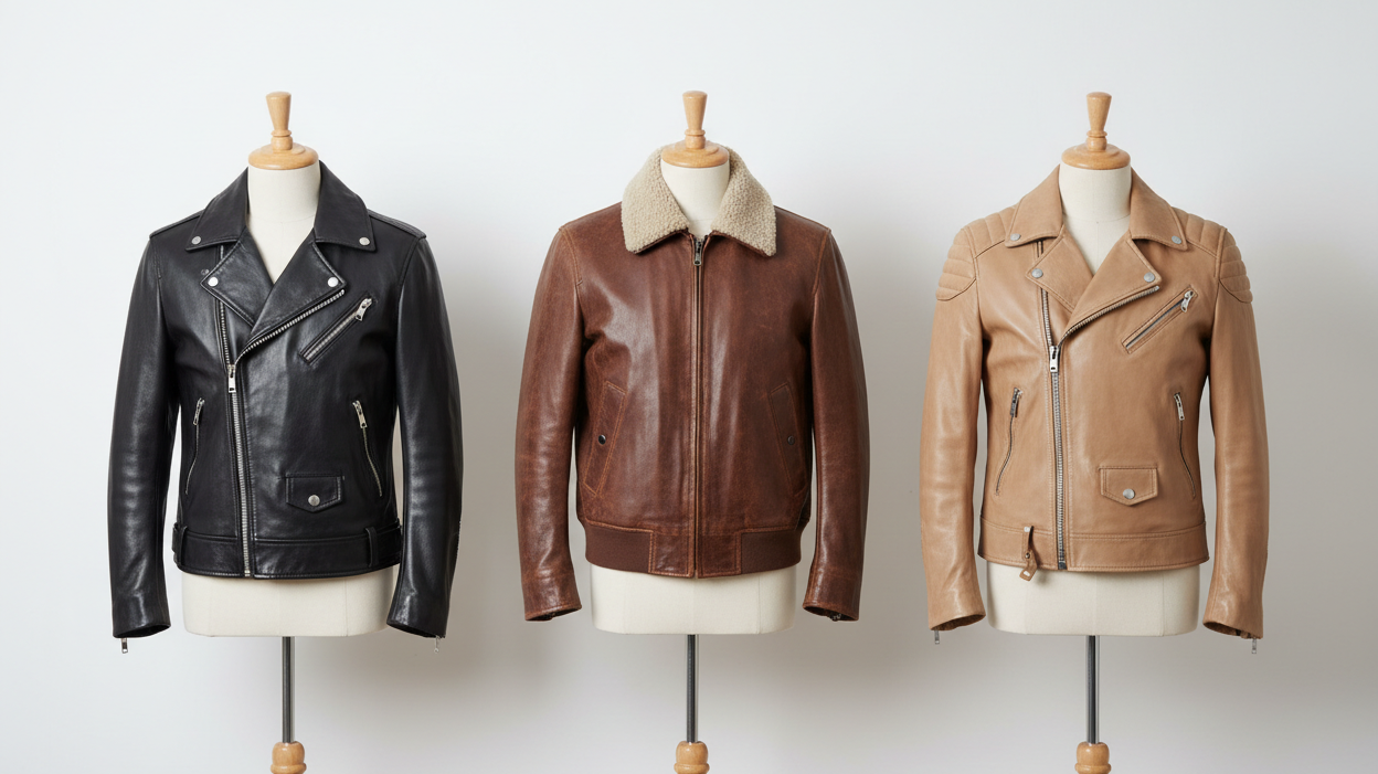 Three leather jackets in black, brown, and tan displayed on wooden mannequins in a clean studio setting