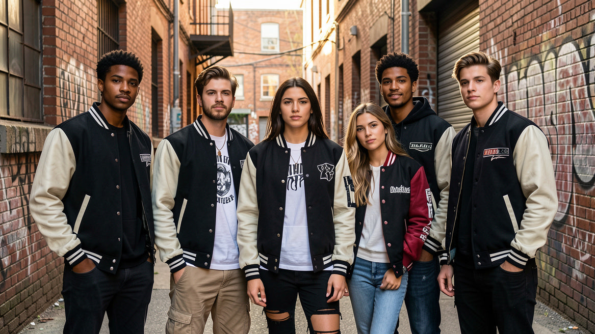 Group of men and women wearing matching varsity jackets with cream sleeves, standing together in an urban alley in coordinated streetwear outfits.