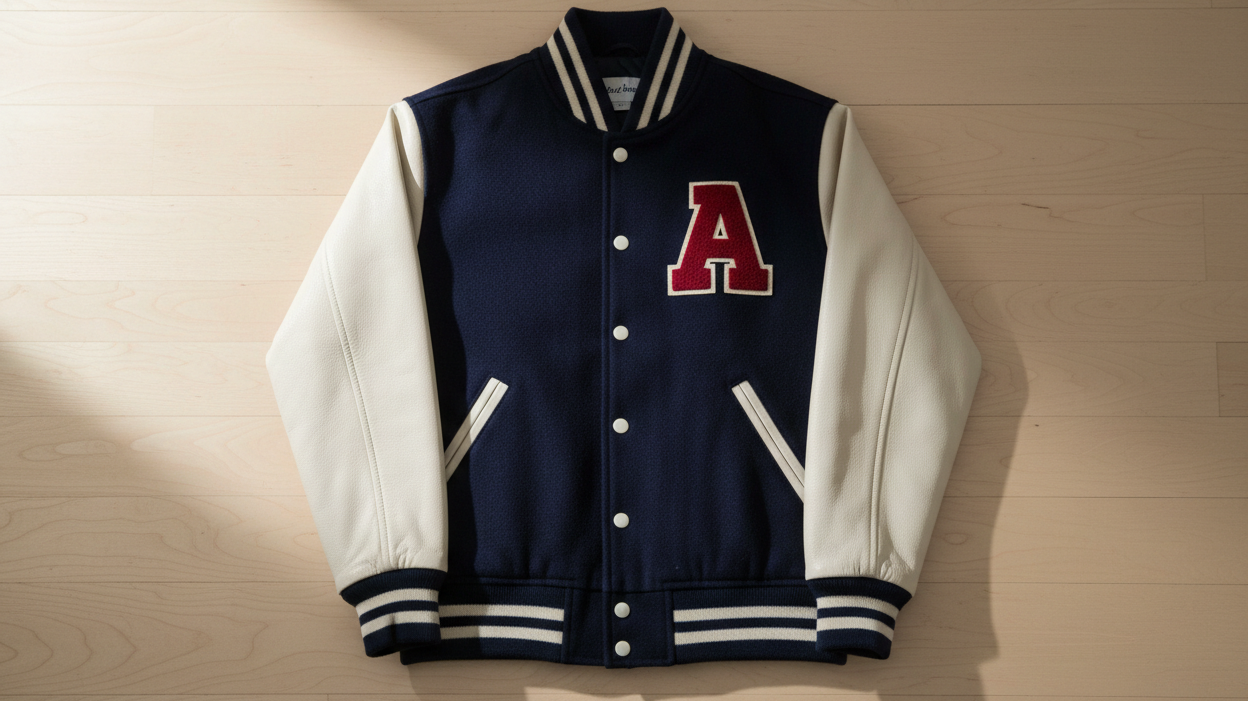 A flat-lay of the full varsity jacket showing both the wool body and leather sleeves