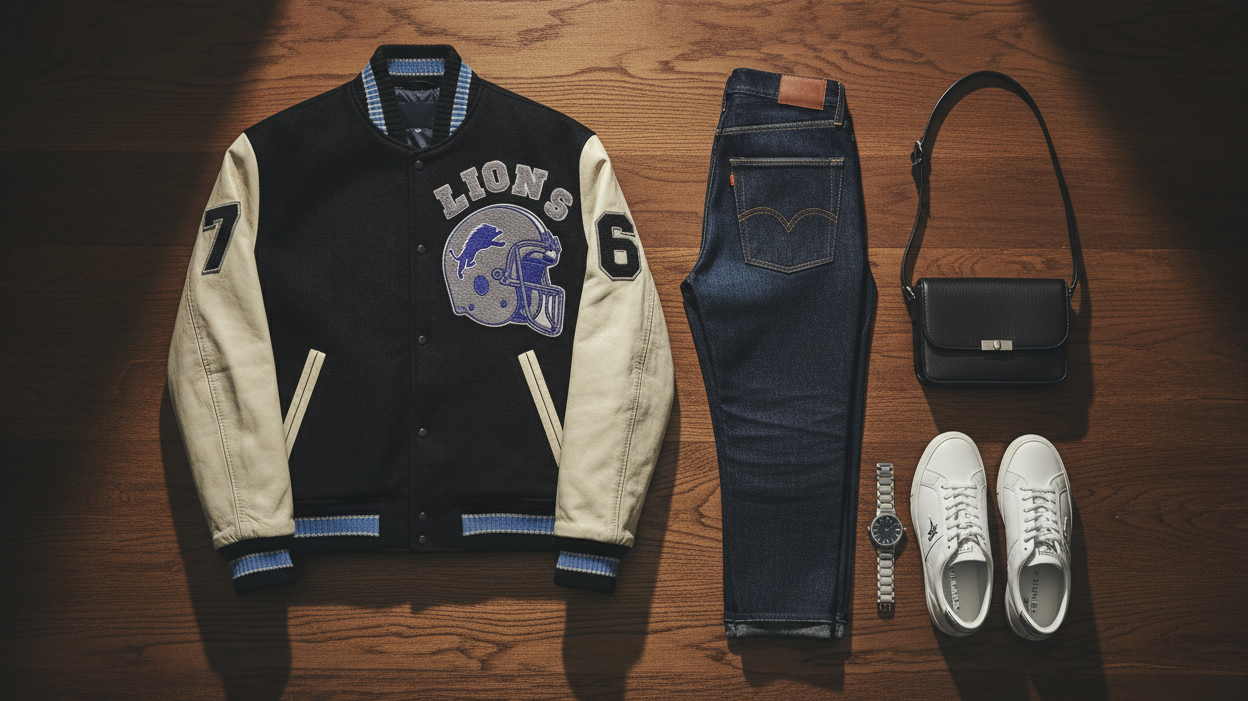 Overhead flat lay of a premium varsity jacket, dark jeans, white sneakers, watch and crossbody bag on a dark wooden surface